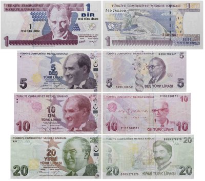 купить Турция набор из 4 банкнот 1, 5, 10, 20 лир 2005-2009