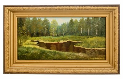 купить "Подмосковный пейзаж. Озеро", масло, холст, оргалит, рама, художник В. Королева, Россия, 2003 г.