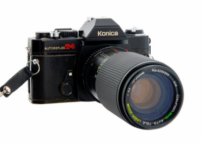 купить Фотоаппарат пленочный "Konica Autoreflex T4" с объективом "Ozunon GMC Auto Tele Liner-Zoom 1:45 75-200 mm", металл, пластик, Япония, 1970-1980 гг.