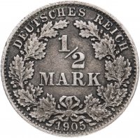 купить Германия 1/2 марки (mark) 1905 D знак монетного двора: "D" - Мюнхен
