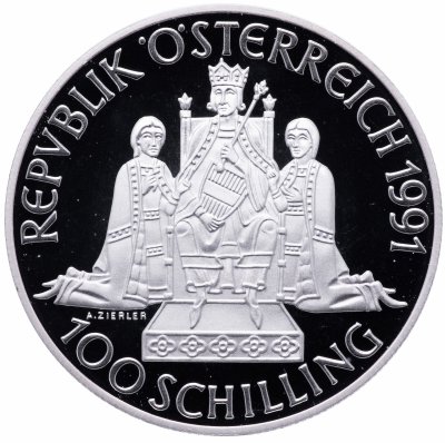 купить Австрия 100 шиллингов (shillings) 1991 "Рудольф I Габсбург" в футляре с сертификатом