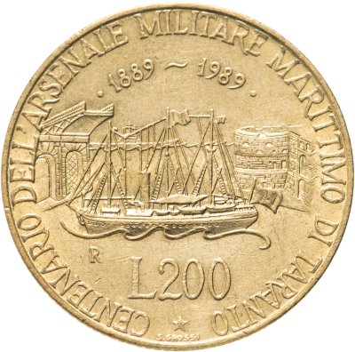 купить Италия 200 лир (lire) 1989 100 лет морской военной базе в Таранто