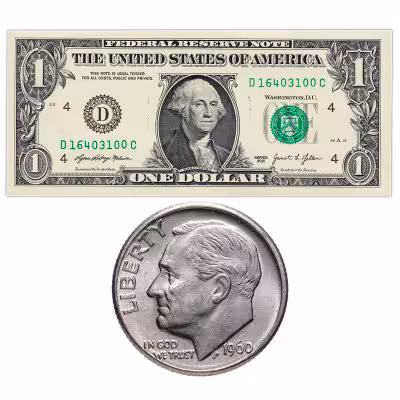 купить США набор из монеты 10 центов (дайм) 1946-1964 "Рузвельт (Silver Roosevelt Dime)" и банкноты США 1 доллар 2021