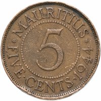 Купить Маврикий 5 центов (cents) 1944