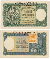 купить Чехословакия 100 крон 1945 (Pick 52) Марка на банкноте Словакии 1940 (перфорация SPECIMEN)