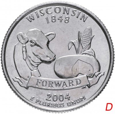 купить США 1/4 доллара (квотер, 25 центов) 2004 D "Штат Висконсин"