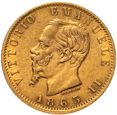 купить Италия 20 лир (lire) 1863 с портретом Виктора Эммануила II