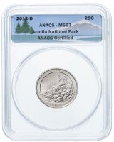 купить США 25 центов (квотер, 1/4 доллара, quarter dollar) 2012 D национальный парк Акадия в слабе ANACS MS67