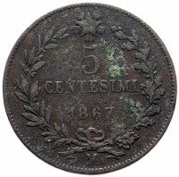 купить Италия 5 чентезимо (centesimi) 1867 M знак монетного двора: "M" - Милан