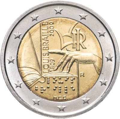 купить Италия 2 евро 2009 "200 лет со дня рождения Луи Брайля"