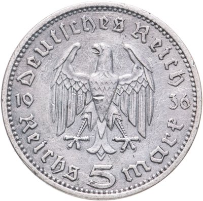 купить Германия (Третий Рейх) 5 рейхсмарок 1936, Двор А (Берлин), орел без свастики (Гинденбург)