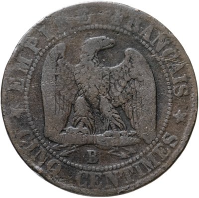 купить Франция 5 сантимов (centimes) 1855 B знак монетного двора: "B" - Руан