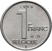 Купить Бельгия 1 франк (franc) 1998 Надпись на французском - 'BELGIQUE'