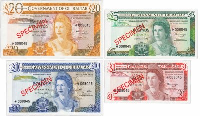 купить Гибралтар набор образцов (specimen) 1,5,10,20 фунтов 1975 (Pick CS1) (с одинаковым номером-008045 и сертификатом)