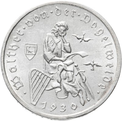 купить Германия 3 рейхсмарки (reichsmark) 1930 F 700 лет со дня смерти Вальтера фон дер Фогельвейде знак монетного двора "F" — Штутгарт