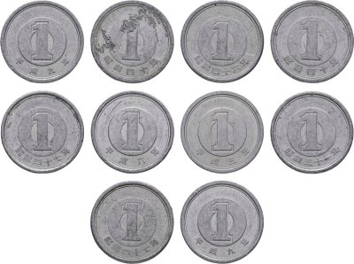 купить Япония набор из 10 монет 1 йена (yen) 1955-2019