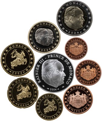 купить Монако, набор из 9-ти монет евро 2004 Proof, принц Ренье III, в футляре с сертификатом