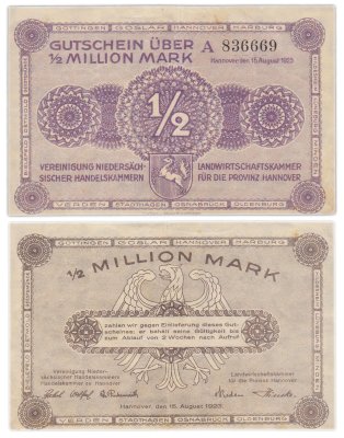 купить Германия 500000 1/2 млн миллиона марок 1923 г Ганновер Hannover нотгельд