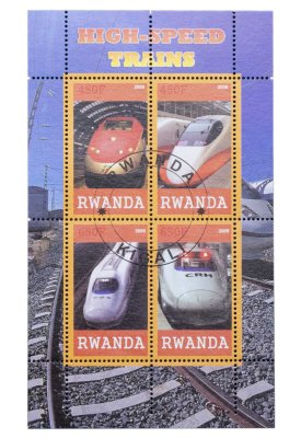купить Руанда марки квартблок "Поезда"