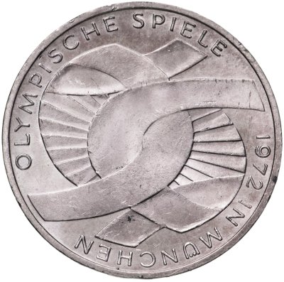 купить Германия 10 марок (mark) 1972 G XX летние Олимпийские Игры, Мюнхен 1972 - Сплетенные рукава знак монетного двора: "G" - Карлсруэ