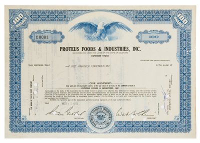 купить Акция США PROTEUS FOODS & INDUSTRIES, INC., 1968 г.