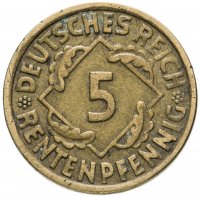 купить 5 пфеннигов (рентенпфеннигов, rentenpfennig) 1924 J знак монетного двора "J" — Гамбург Германия
