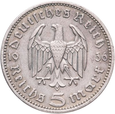 купить Германия (Третий Рейх) 5 рейхсмарок 1936, Двор А (Берлин), орел без свастики (Гинденбург)