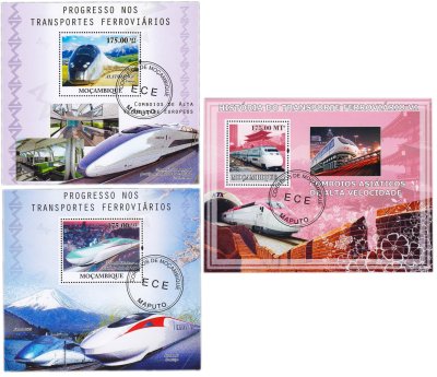 купить Мозамбик марки набор из 3 квартблоков "Поезда"