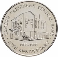 купить Восточные Карибы 2 доллара (dollars) 1993 "10 лет Центральному банку"