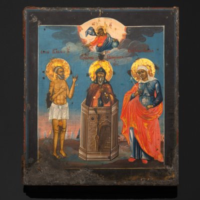 купить Икона "Избранные святые" (Св. Василий Блаженный, Преподобный Никита Столпник, Св. Анна), дерево, темпера, Российская империя, 1800-1850 гг.