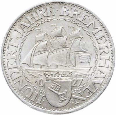 купить Германия (Веймарская республика) 3 рейхсмарки (reichsmark) 1927 "100 лет Бремерхафену"