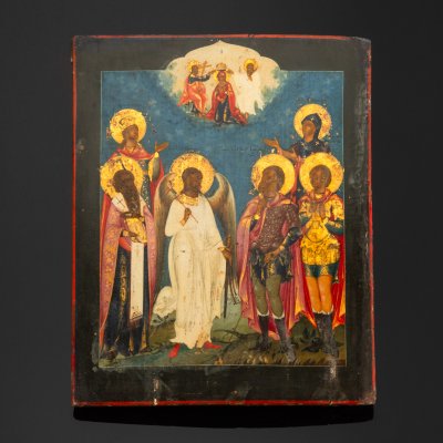 купить Икона "Избранные Святые" (Св. муч. Екатерина, Св. препод. Феодосия, Св. Василий, Ангел Хранитель, Св. Благоверный князь Александр Невский, Св. муч. Меркурий), дерево, темпера, Российская империя, 1850-1890 гг.