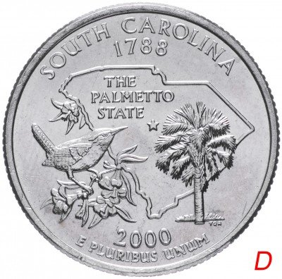 купить США 1/4 доллара (квотер, 25 центов) 2000 D "Штат Южная Каролина" (South Carolina) знак монетного двора "D" - Денвер