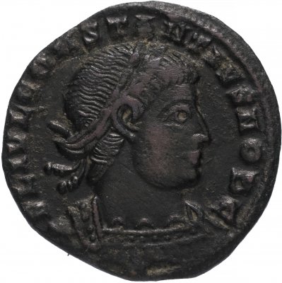 купить Римская Империя Констанций II 324–361 гг фоллис (реверс: два воина стоят лицом друг к другу, между ними один штандарт)