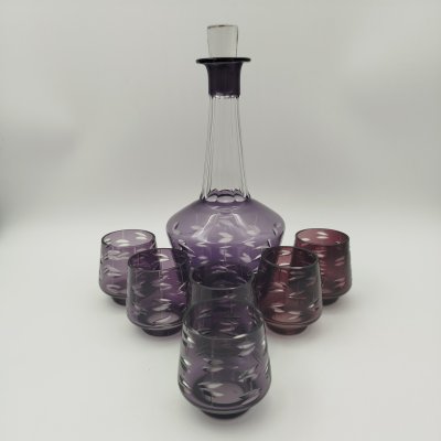 купить Набор для крепких напитков на 6 персон (штоф и стопки), стекло, нацвет, алмазная грань, Борисовский хрустальный завод им. Ф.Э. Дзержинского, СССР, 1960-1980 гг.