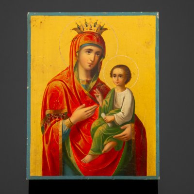 купить Икона Божией Матери "Скоропослушница" с печатью Благословения Святой Афонской горы Пантелеймонова Монастыря (Афонское письмо), дерево, масло, Греция, 1900-1920 гг.