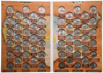 купить США набор монет 1/4 доллара (25 центов, квотер) 2010-2021 из серии "Прекрасная Америка" национальные парки (56 штук) в альбоме