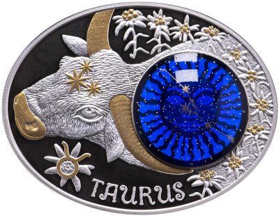купить Македония 10 динар (денари) 2015 Proof "Знаки зодиака - Телец" в футляре, с сертификатом c вставкой из стекла