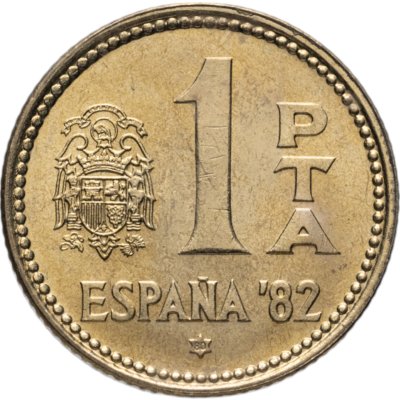 купить Испания 1 песета (peseta, pta) 1980 "Чемпионат мира по футболу 1982", год внутри звезды случайный