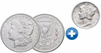 купить Серебряный доллар США 1921 "Morgan dollar" + подарок 10 центов США 1940-1945 гг. "Mercury dime"