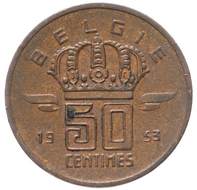 купить Бельгия 50 сантимов 1953 надпись на голландском - 'BELGIE'