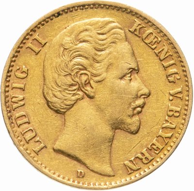 купить Германская Империя 10 марок (mark) 1875 знак монетного двора: "D" - Мюнхен с портретом Короля Баварии Людвига II