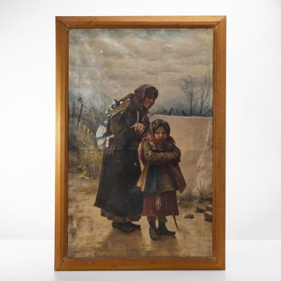 купить Копия картины И.И. Творожникова "Бабушка и внучка" на деревянном модульном подрамнике и в раме, неизвестный художник, холст, масло, СССР, 1920-1940 гг.