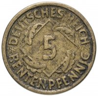 купить Германия 5 пфеннигов (рентенпфеннигов, rentenpfennig) 1924 G
