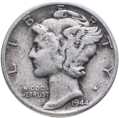купить США 10 центов (дайм, one dime) 1944 Mercury Dime (дайм «Меркурий») без отметки монетного двора