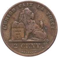 Купить Бельгия 2 сантима (centimes) 1875 Надпись на французском - 'DES BELGES'