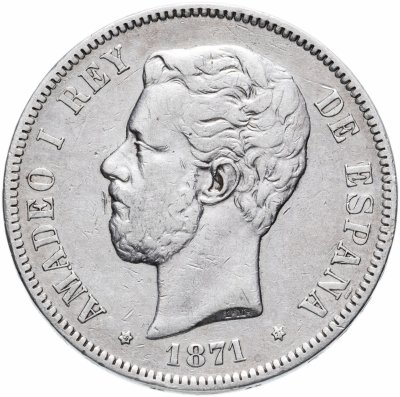 купить Испания 5 песет (pesetas) 1871 (король Амадей I Савойский)