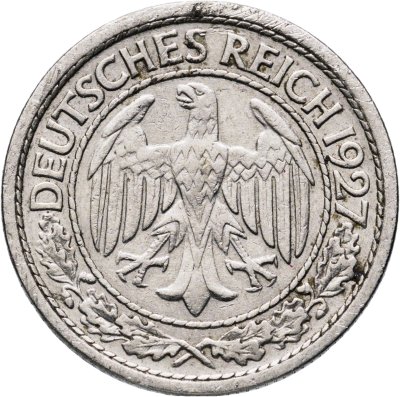 купить Германия 50 рейхспфеннигов (reichspfennig) 1927, знак монетного двора "J" — Гамбург