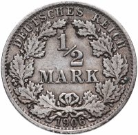 Купить Германия 1/2 рейх марки 1906, монетный двор случайный