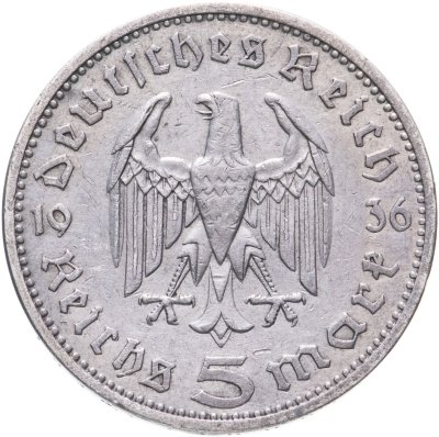 купить Германия (Третий Рейх) 5 рейхсмарок 1936, Двор А (Берлин), орел без свастики (Гинденбург)